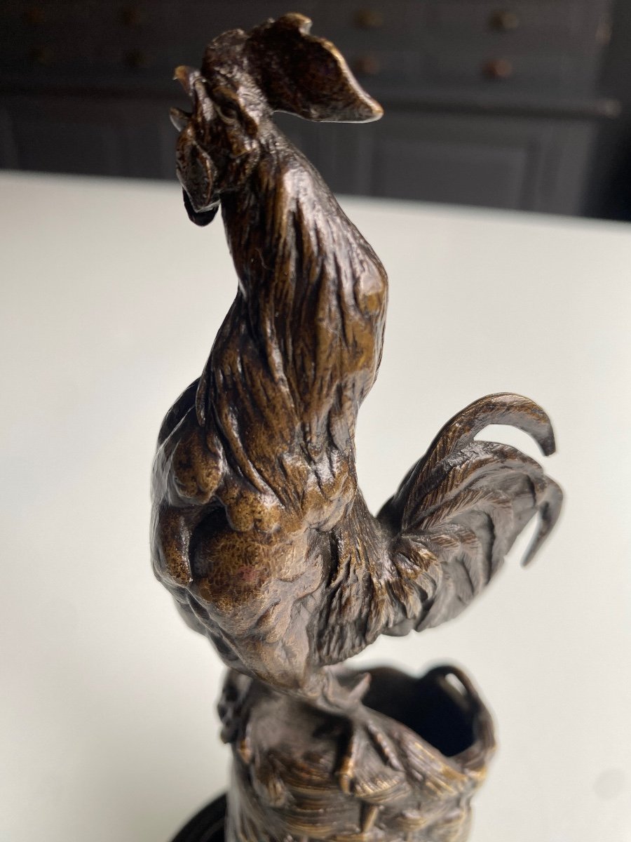 XIXth Bronze Rooster Forming A Match Holder Signed Auguste Nicolas Caïn (1821-1894)-photo-1