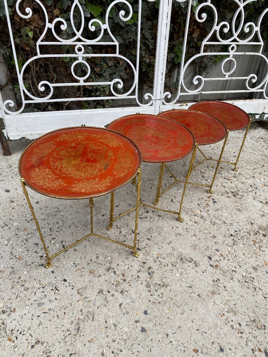 Brass Nesting Tables With Bamboo Decor, Red Lacquer Top In The Style Of Maison Baguès-photo-2