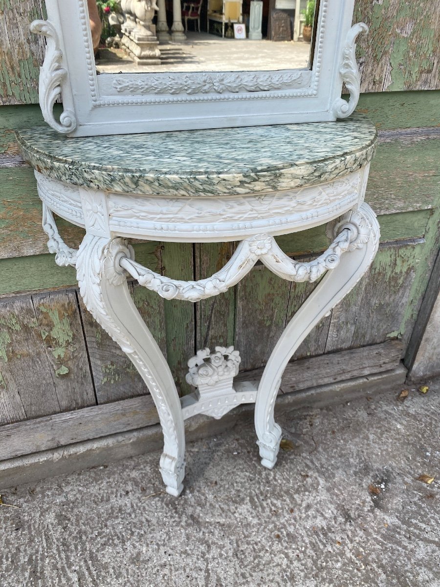 Louis XVI Style Console And Mirror In Carved And Lacquered Wood, 1900 Period-photo-3