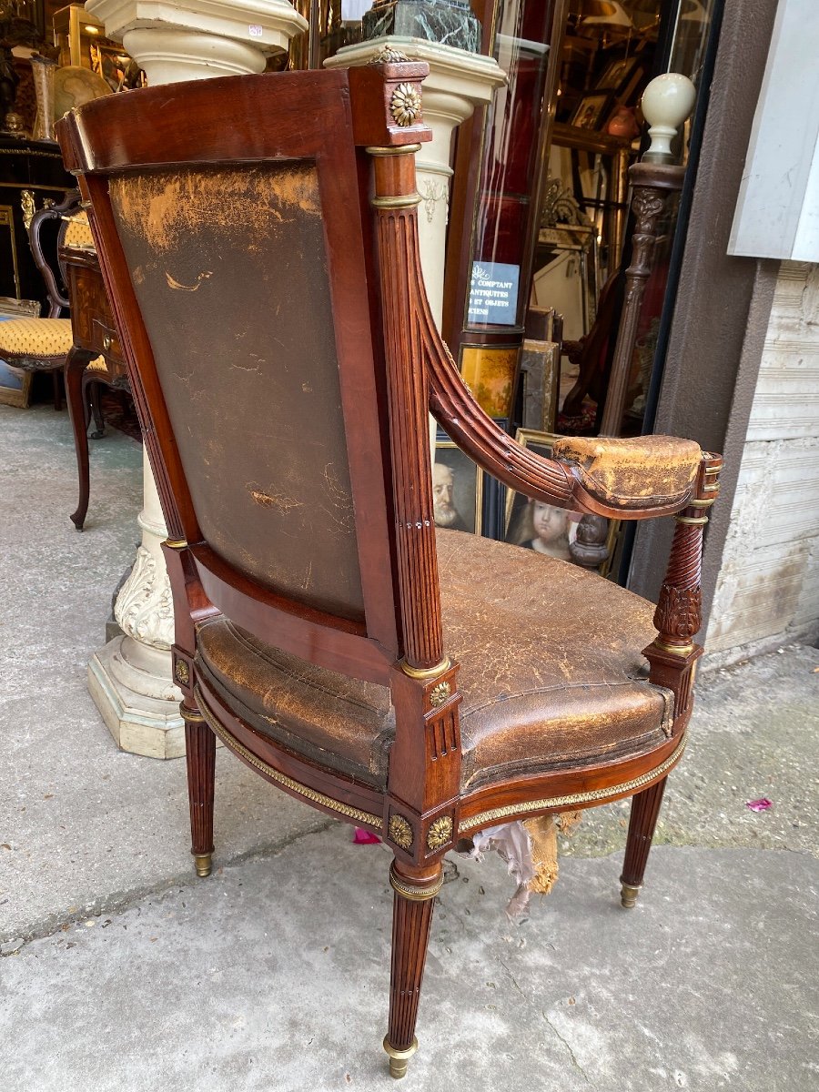 Louis XVI Style Office Armchair In Mahogany, Decorated With Bronzes, Leather, 19th Century-photo-3