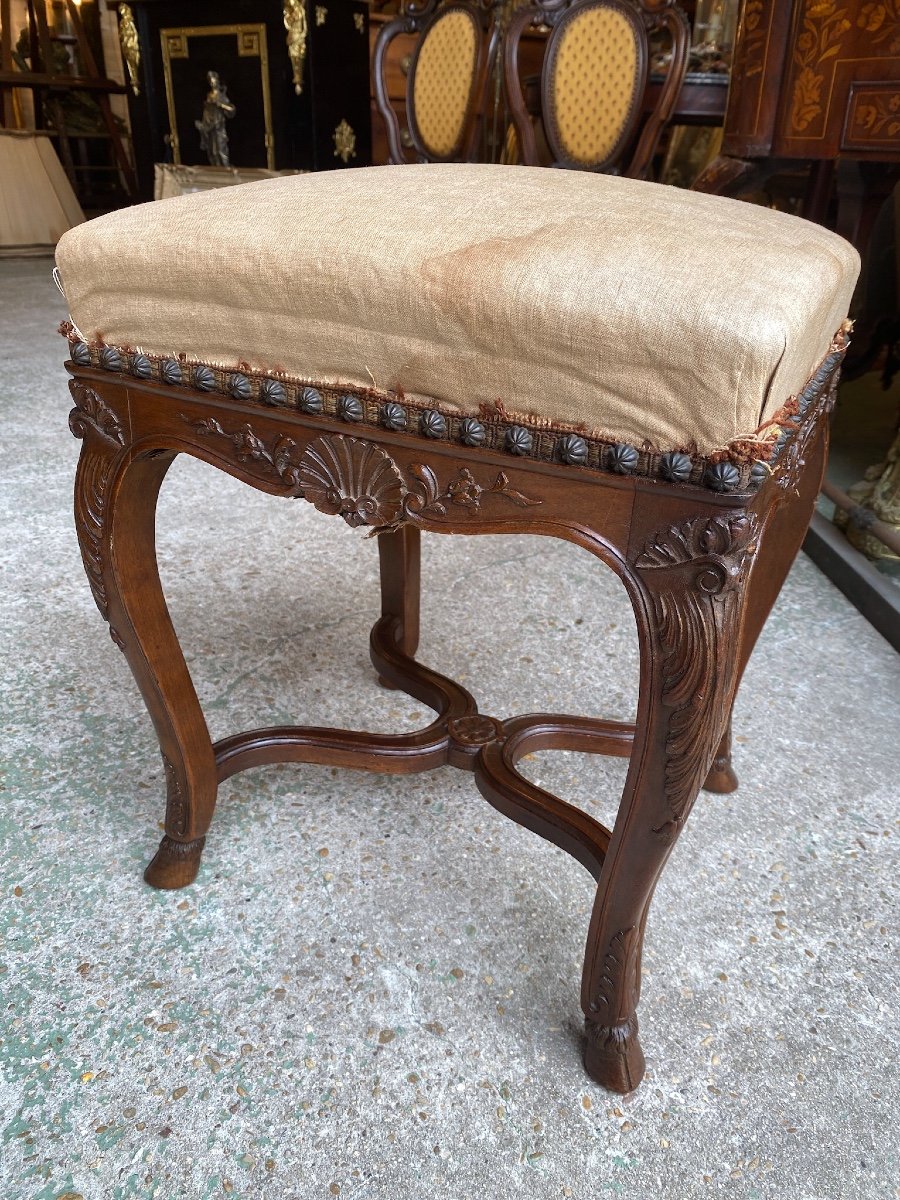 Louis XV / Regency Style Stool In Carved Walnut 19th Century-photo-1