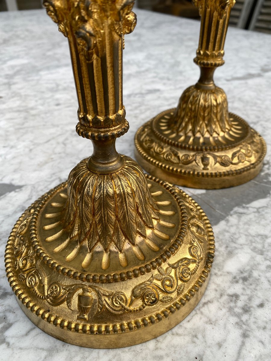 Pair Of Louis XVI Style Candlesticks / Torches In Gilt Bronze, 19th Century-photo-3