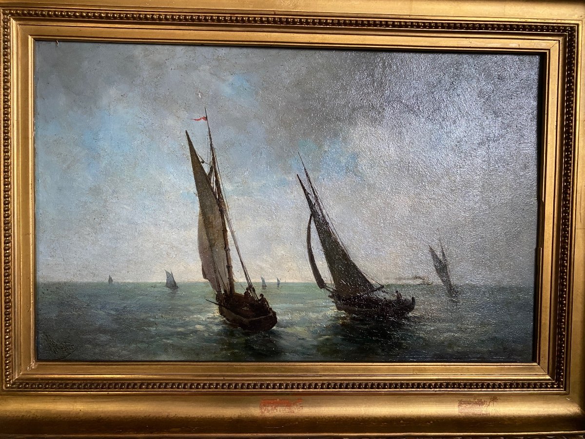 Beautiful Marine On 19th Century Mahogany Panel, Signed, Golden Frame, Sailboats,…-photo-2