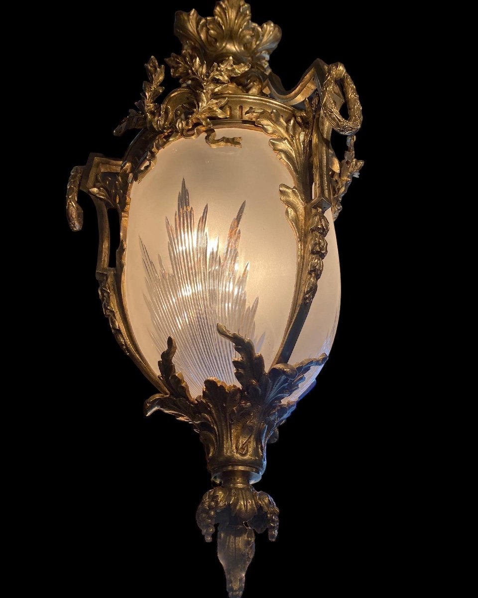 Lanterne De Hall En Bronze Doré Et Verre Givré , Style Louis XVI, époque Napoléon III -photo-3