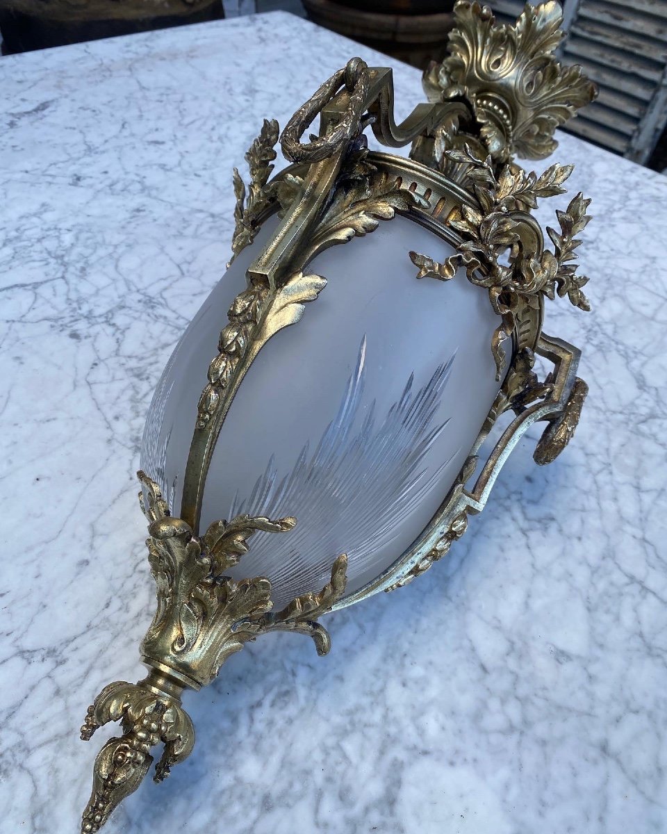 Lanterne De Hall En Bronze Doré Et Verre Givré , Style Louis XVI, époque Napoléon III -photo-2