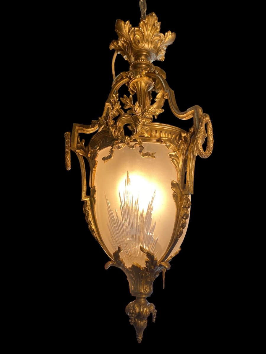 Lanterne De Hall En Bronze Doré Et Verre Givré , Style Louis XVI, époque Napoléon III -photo-5