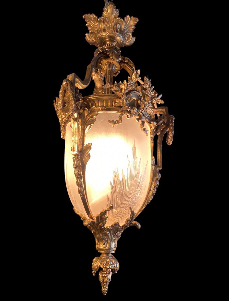 Lanterne De Hall En Bronze Doré Et Verre Givré , Style Louis XVI, époque Napoléon III 