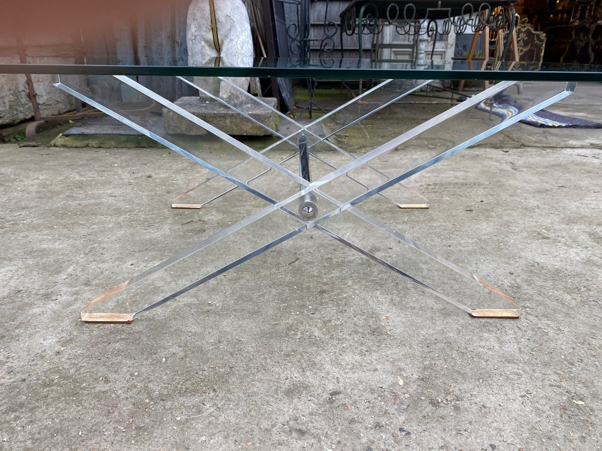 Coffee Table X Leg Plexiglass And Thick Glass Top Circa 1980-photo-2