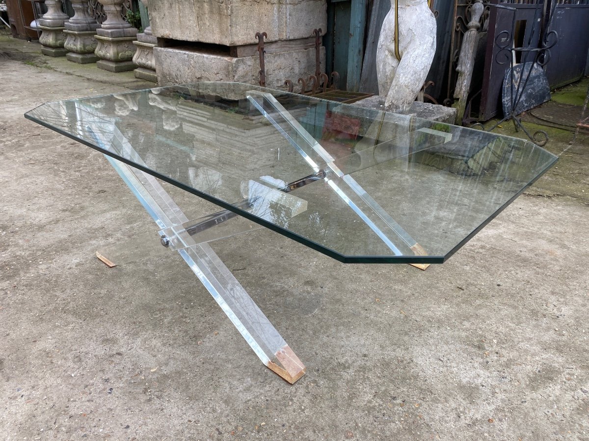 Coffee Table X Leg Plexiglass And Thick Glass Top Circa 1980-photo-2