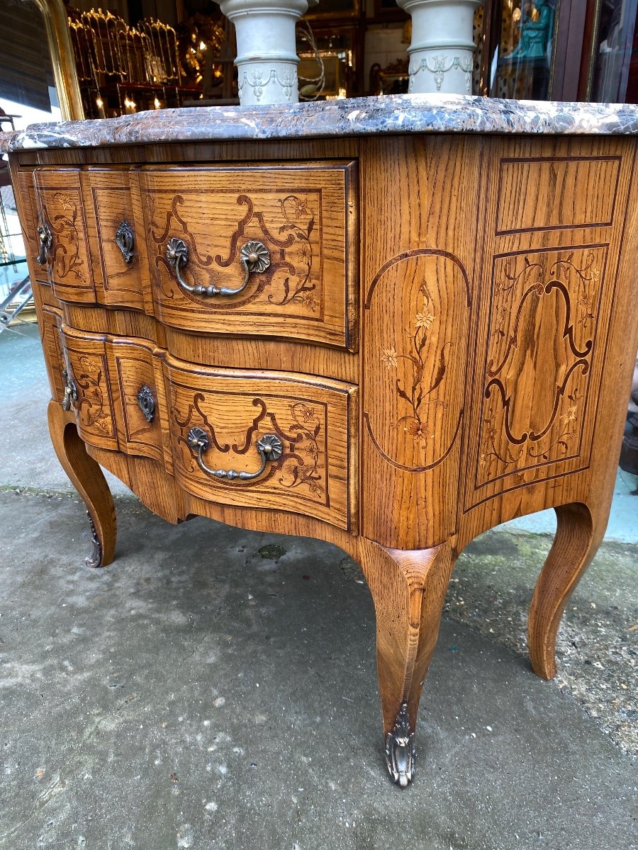 Commode Galbée De Style Louis XV En Marqueterie, Estampillée -photo-3