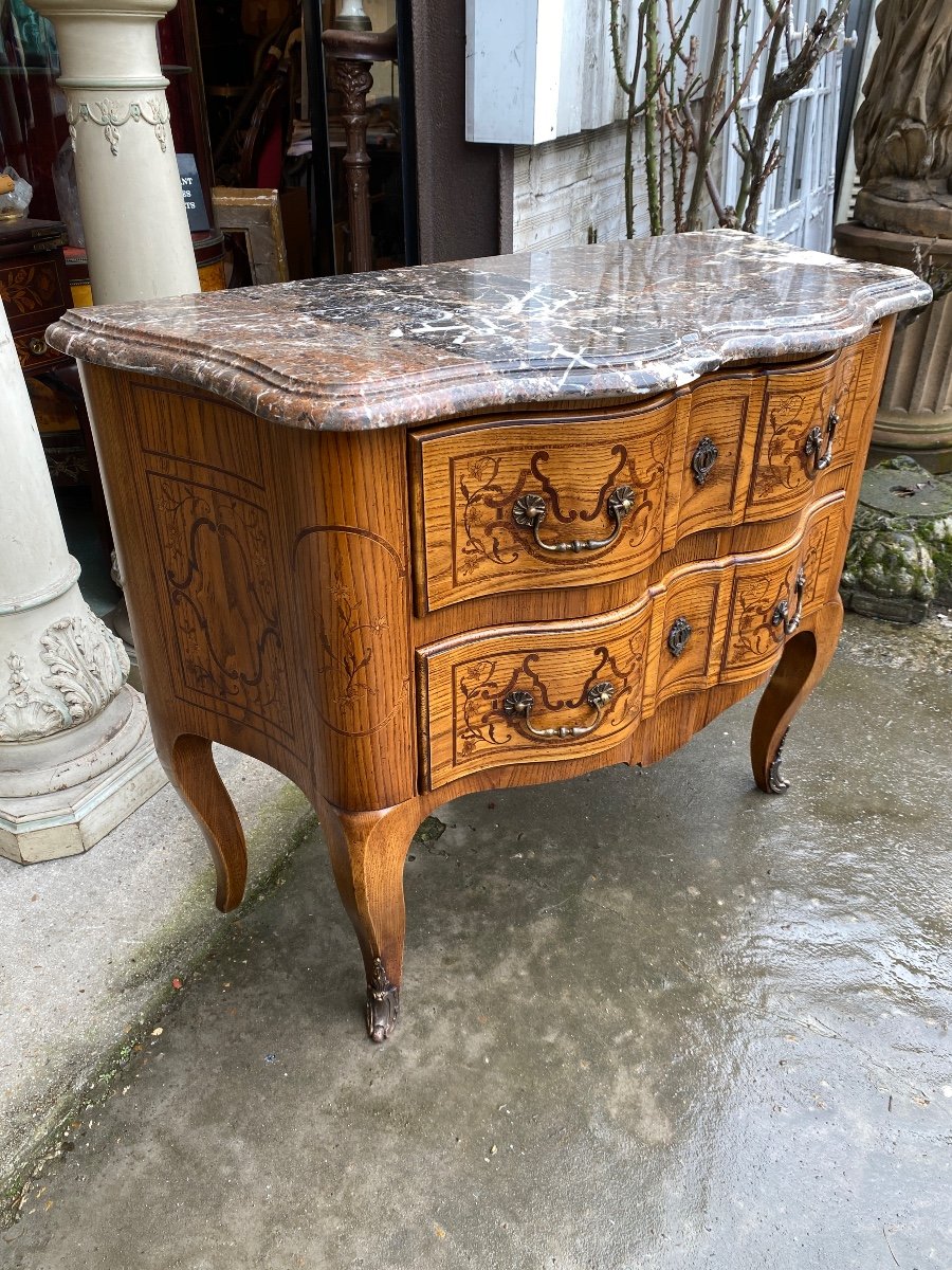 Commode Galbée De Style Louis XV En Marqueterie, Estampillée -photo-4