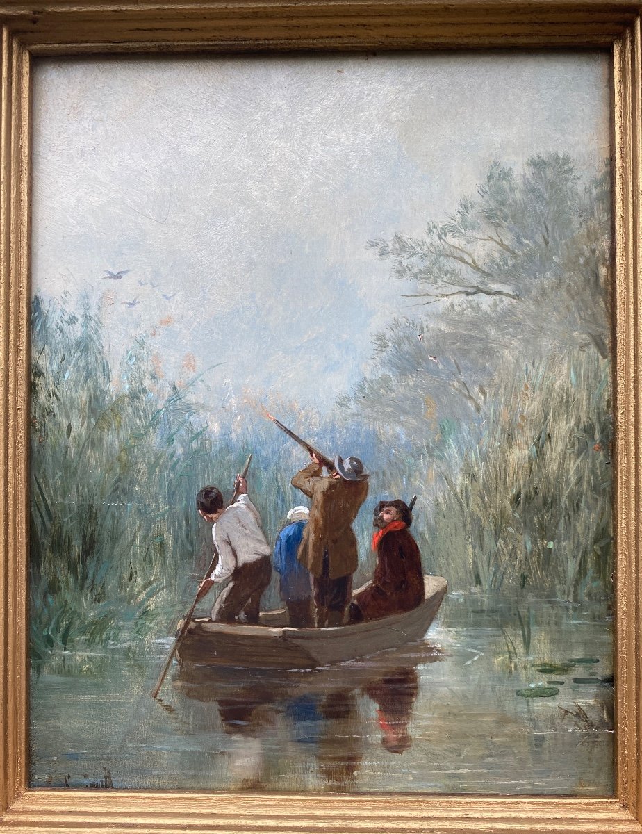 Huile Sur  Bois XIXème, La Chasse Aux Canards Dans Le Marais, Signée  évariste-vital Luminais 