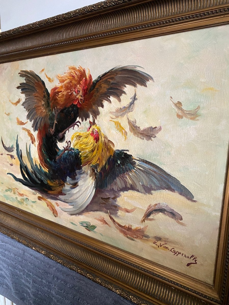 Large Painting Late 19th Century, Cockfight Signed Edmond Van Coppenolle (1843/46 - 1915)-photo-4