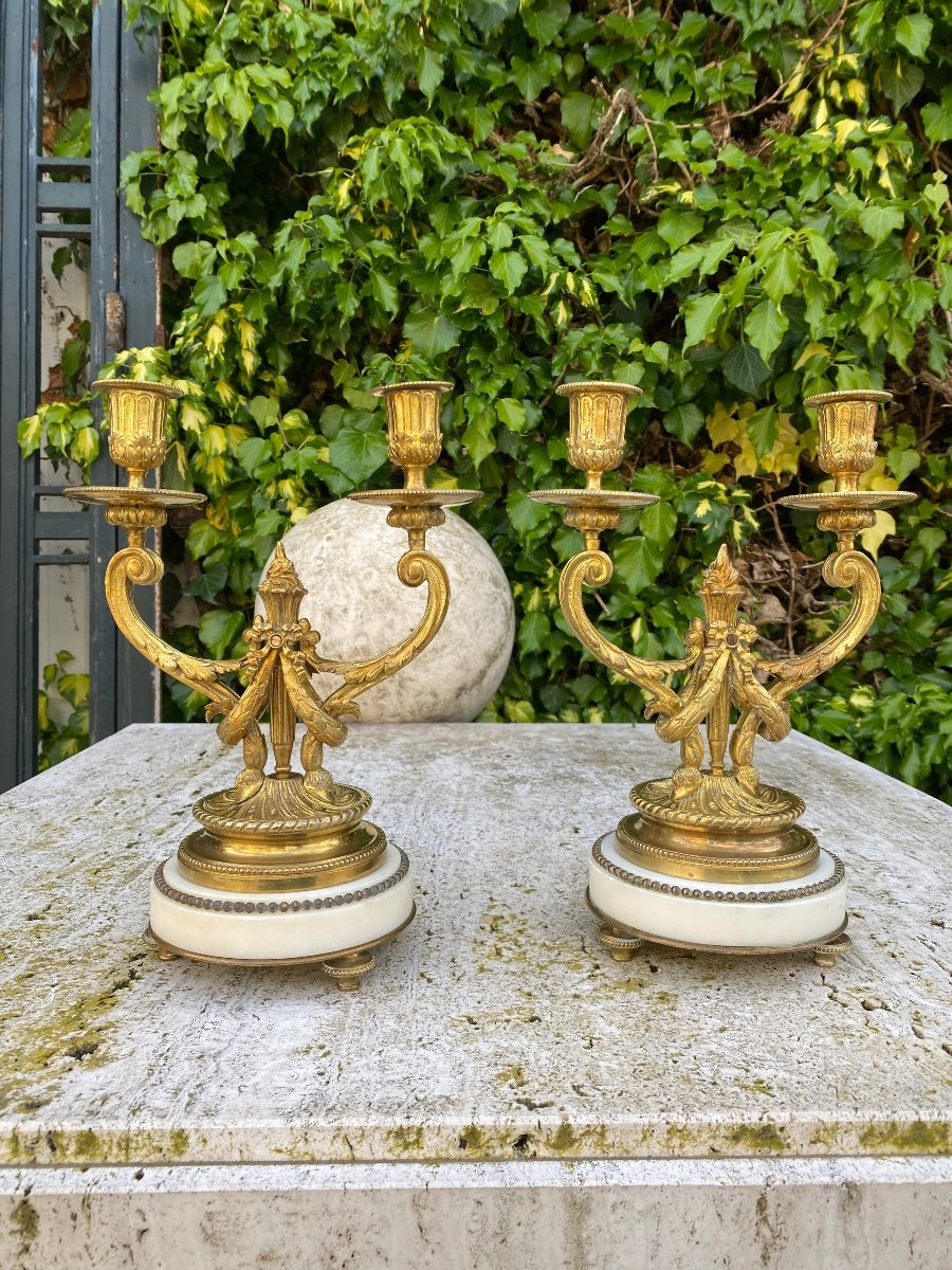 Pair Of Louis XVI Style Candlesticks / Torches In Gilt Bronze And White Marble, 19th Century-photo-2