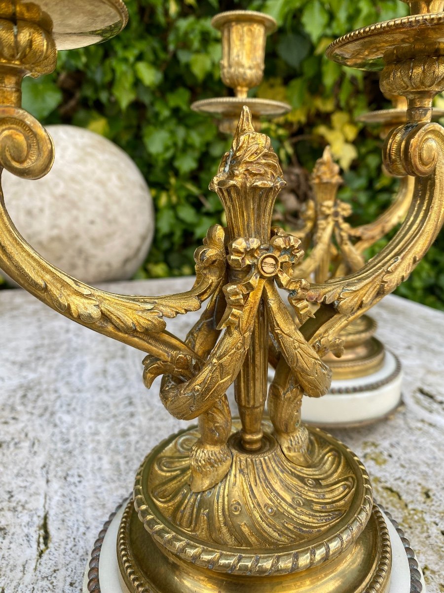 Pair Of Louis XVI Style Candlesticks / Torches In Gilt Bronze And White Marble, 19th Century-photo-3