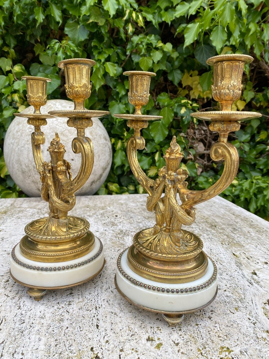 Pair Of Louis XVI Style Candlesticks / Torches In Gilt Bronze And White Marble, 19th Century-photo-1