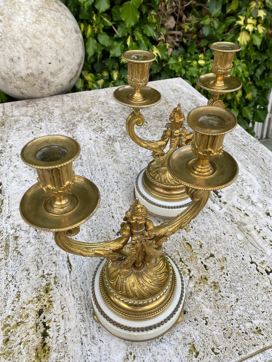 Pair Of Louis XVI Style Candlesticks / Torches In Gilt Bronze And White Marble, 19th Century-photo-4