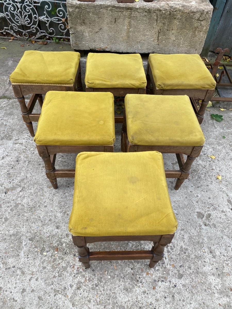 6 Rustic Stools Late 19th, Upholstered Seat -photo-4
