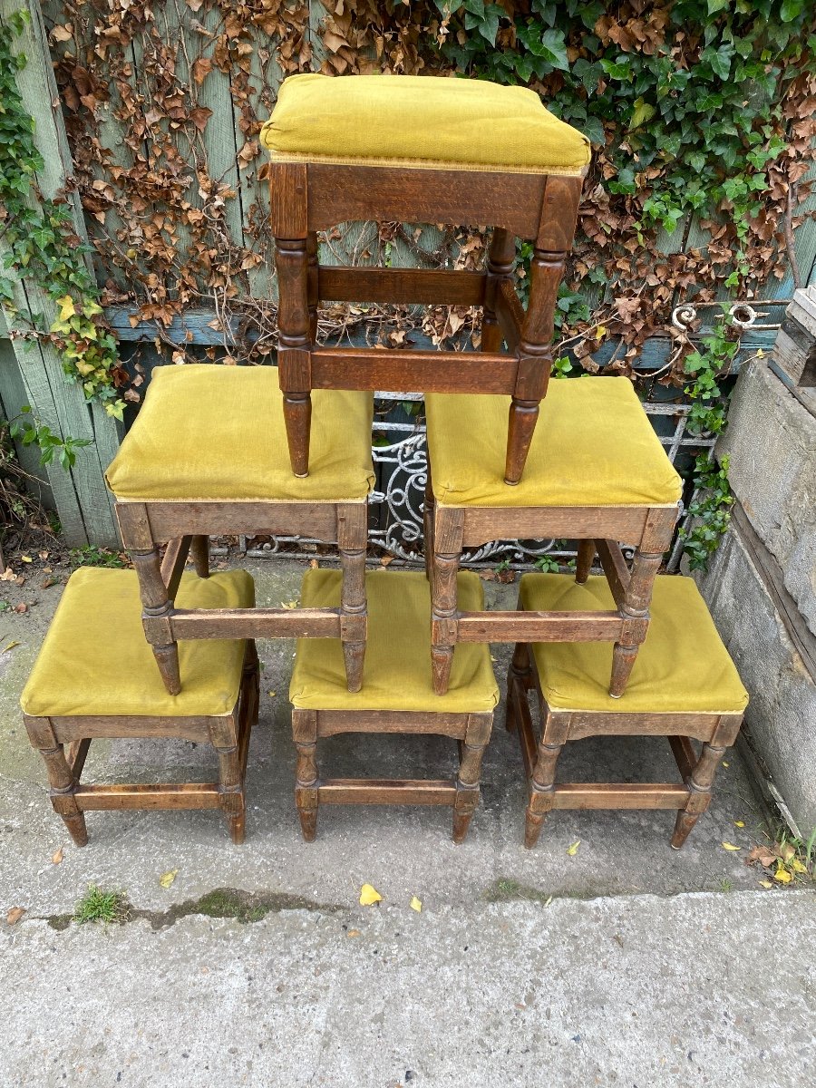 6 Rustic Stools Late 19th, Upholstered Seat -photo-5