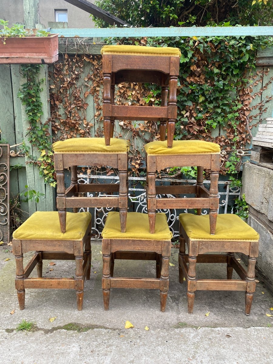 6 Rustic Stools Late 19th, Upholstered Seat 