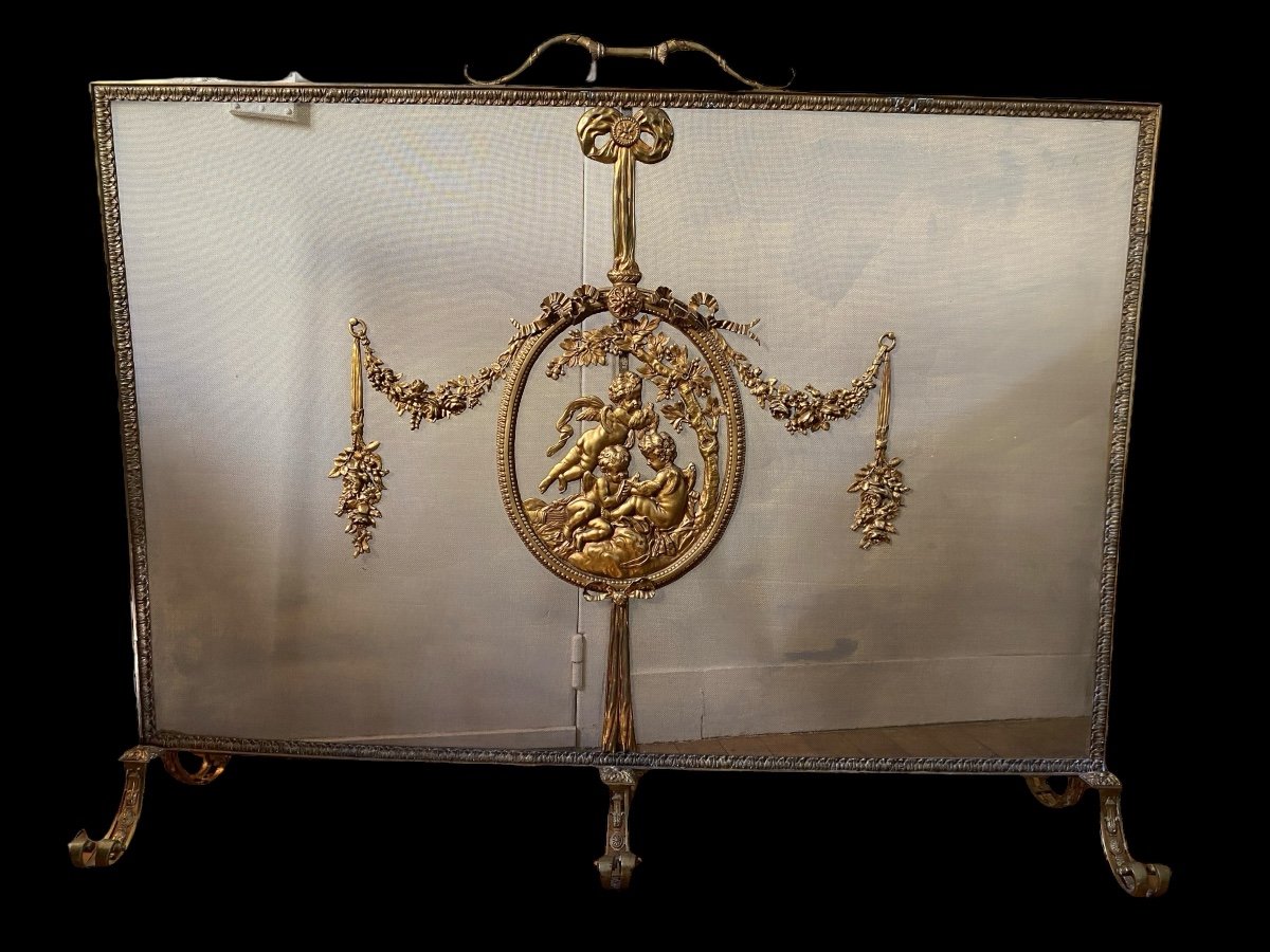 Important Louis XVI Style Bronze Fire Screen, 19th Century For Large Fireplace -photo-2