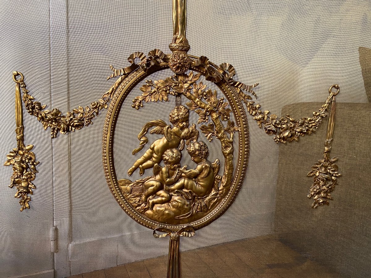 Important Louis XVI Style Bronze Fire Screen, 19th Century For Large Fireplace -photo-2