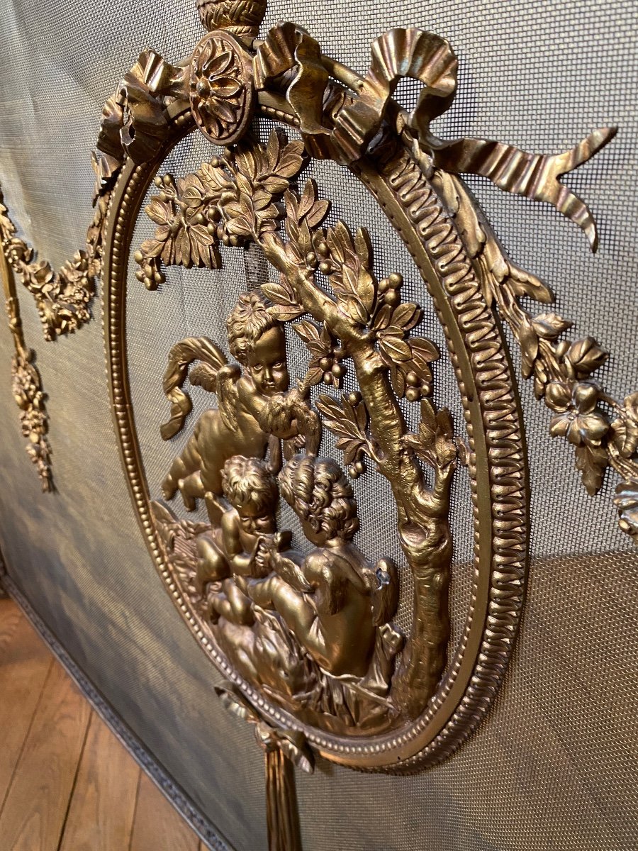 Important Louis XVI Style Bronze Fire Screen, 19th Century For Large Fireplace -photo-4