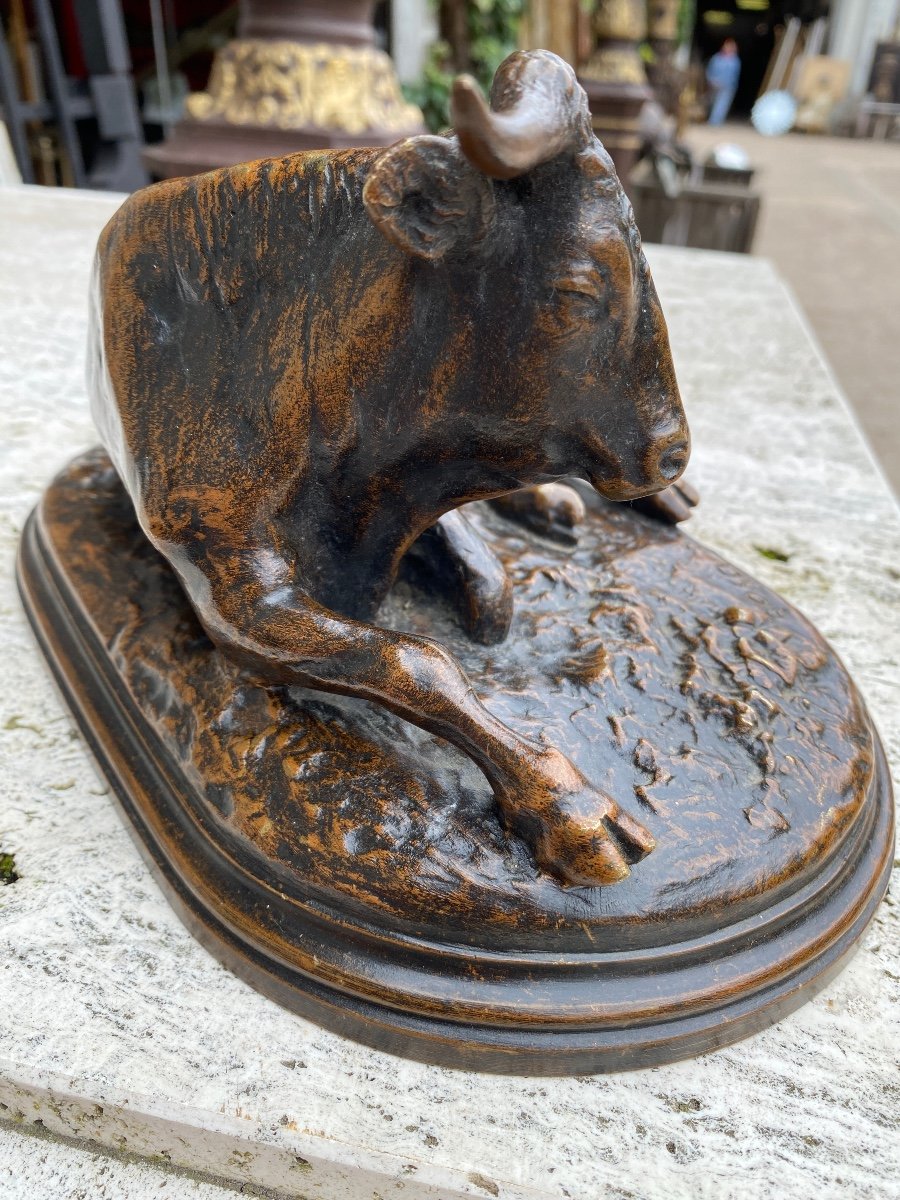 Rosa Bonheur (1822-1899) Taureau Couché En Bronze A Patine Brune Nuancée -photo-3