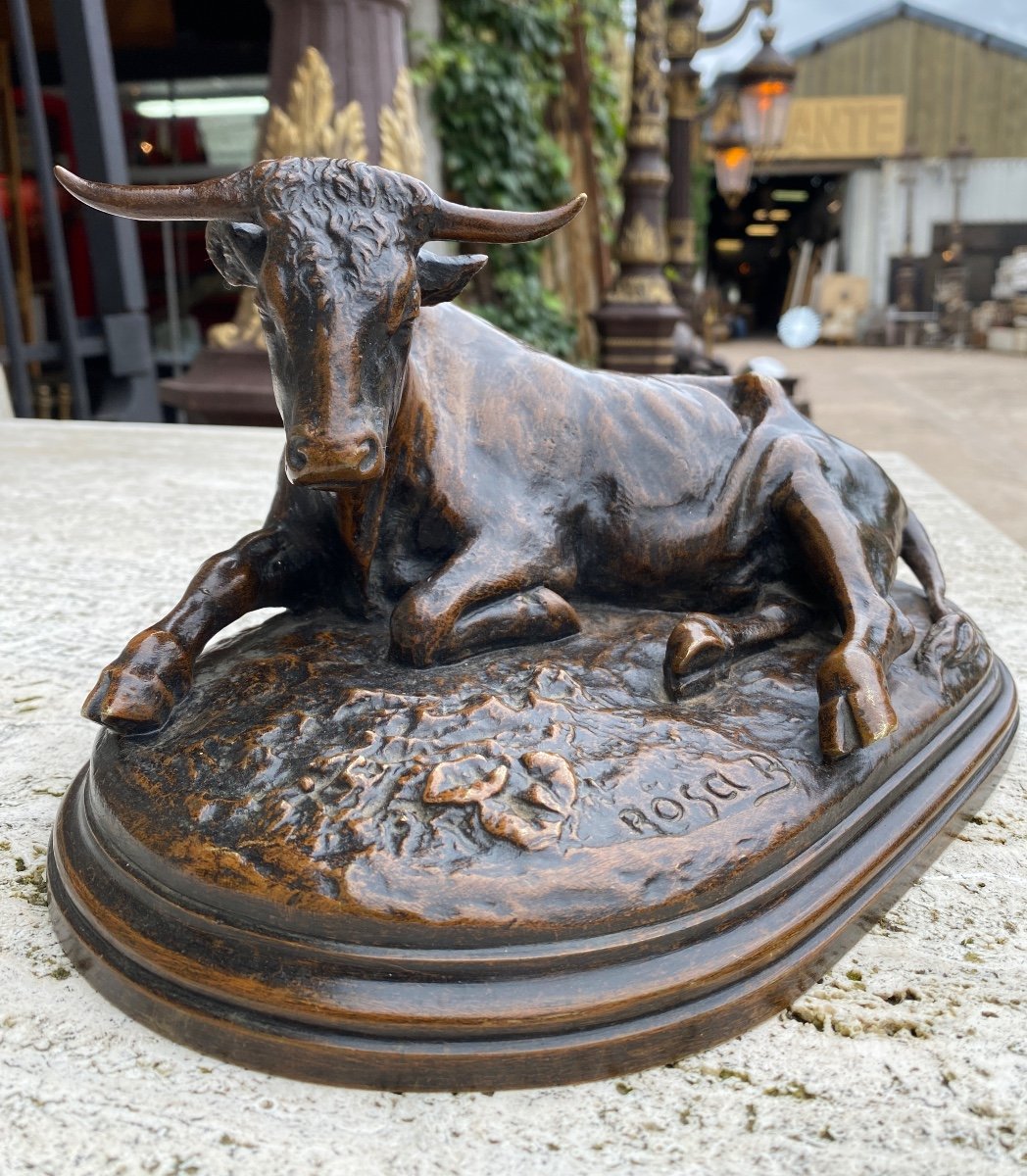 Rosa Bonheur (1822-1899) Reclining Bull In Bronze With Nuanced Brown Patina 