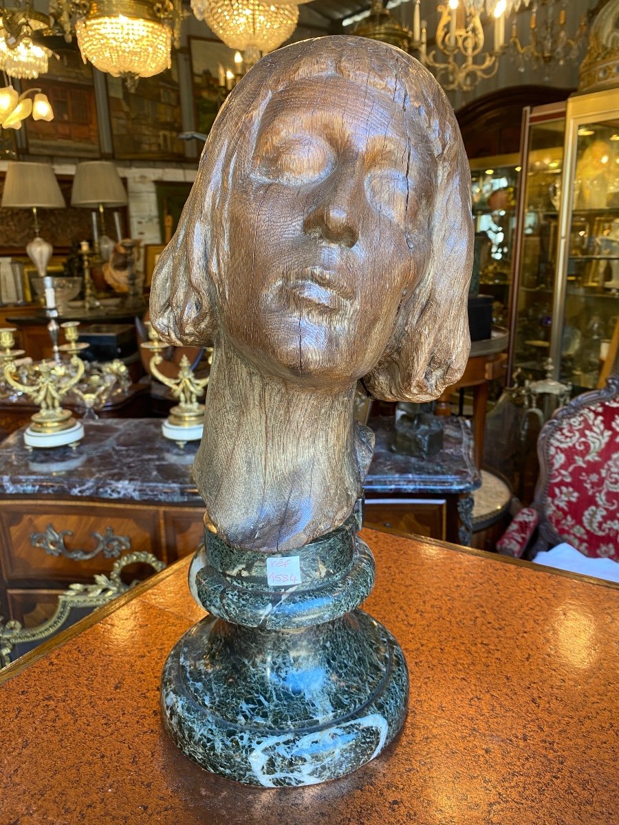 Sculpture En Bois Du Visage De Jeanne D’arc 18ème Siècle 