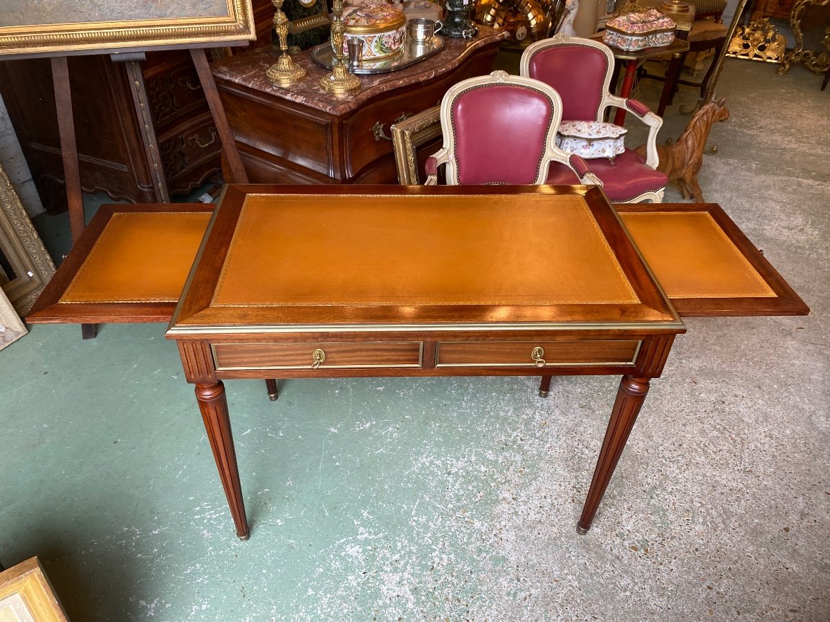 Small Louis XVI Style Mahogany Desk, Havana Leather Top -photo-3