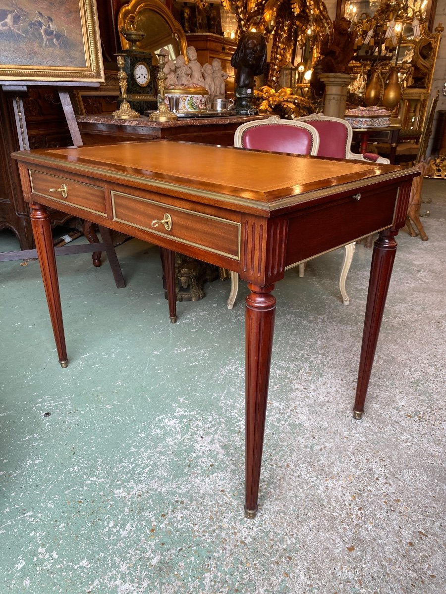 Small Louis XVI Style Mahogany Desk, Havana Leather Top -photo-4