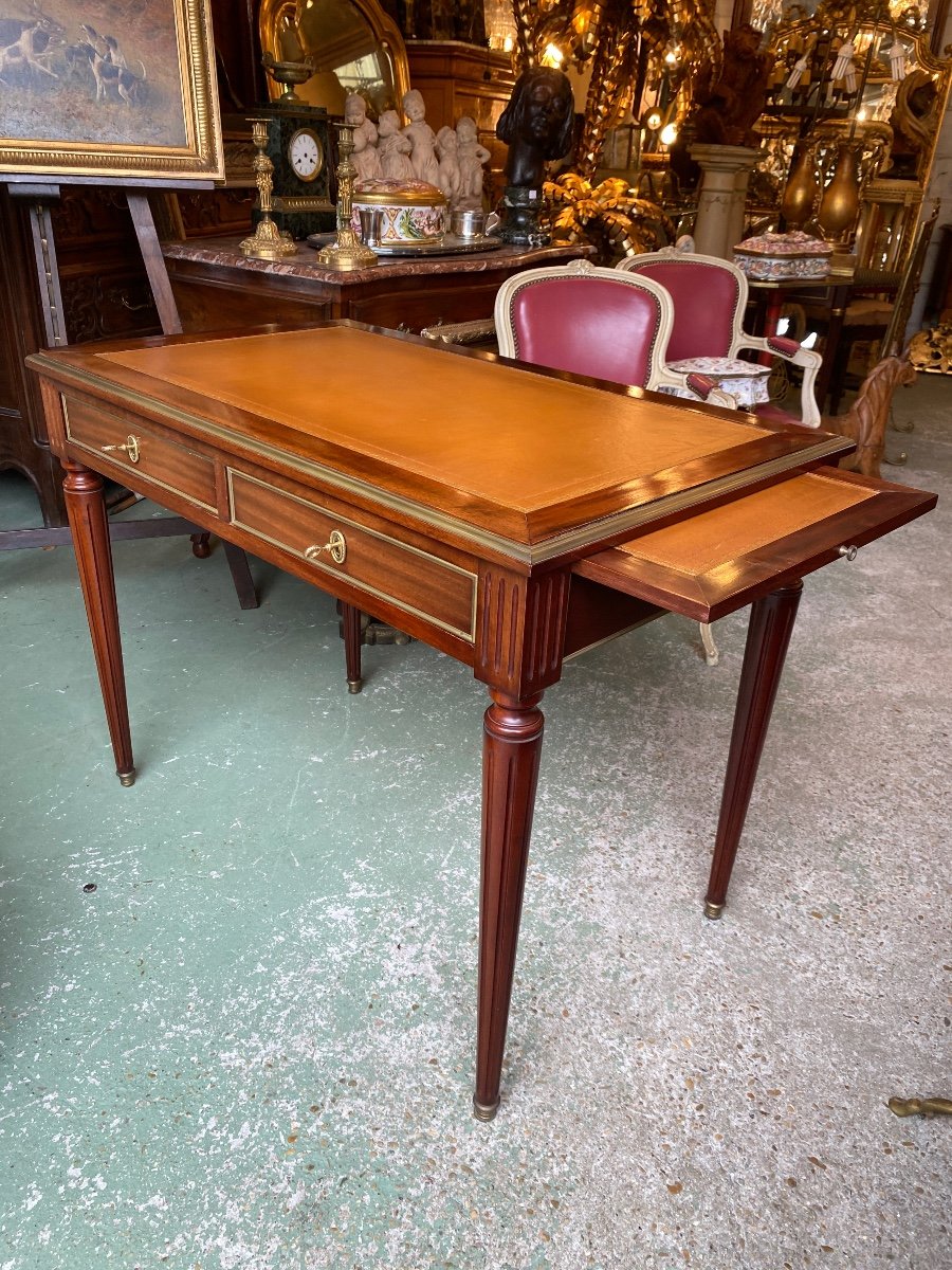 Small Louis XVI Style Mahogany Desk, Havana Leather Top -photo-3