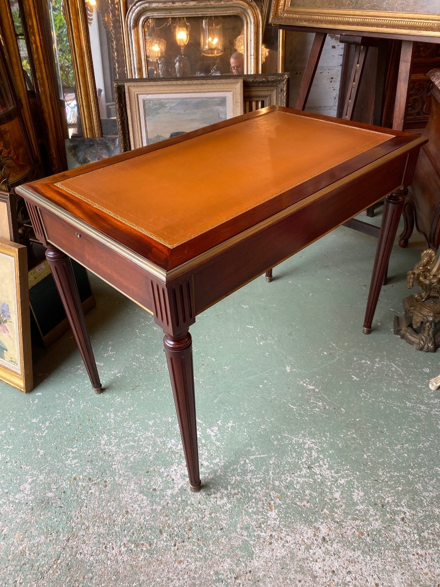 Small Louis XVI Style Mahogany Desk, Havana Leather Top -photo-4