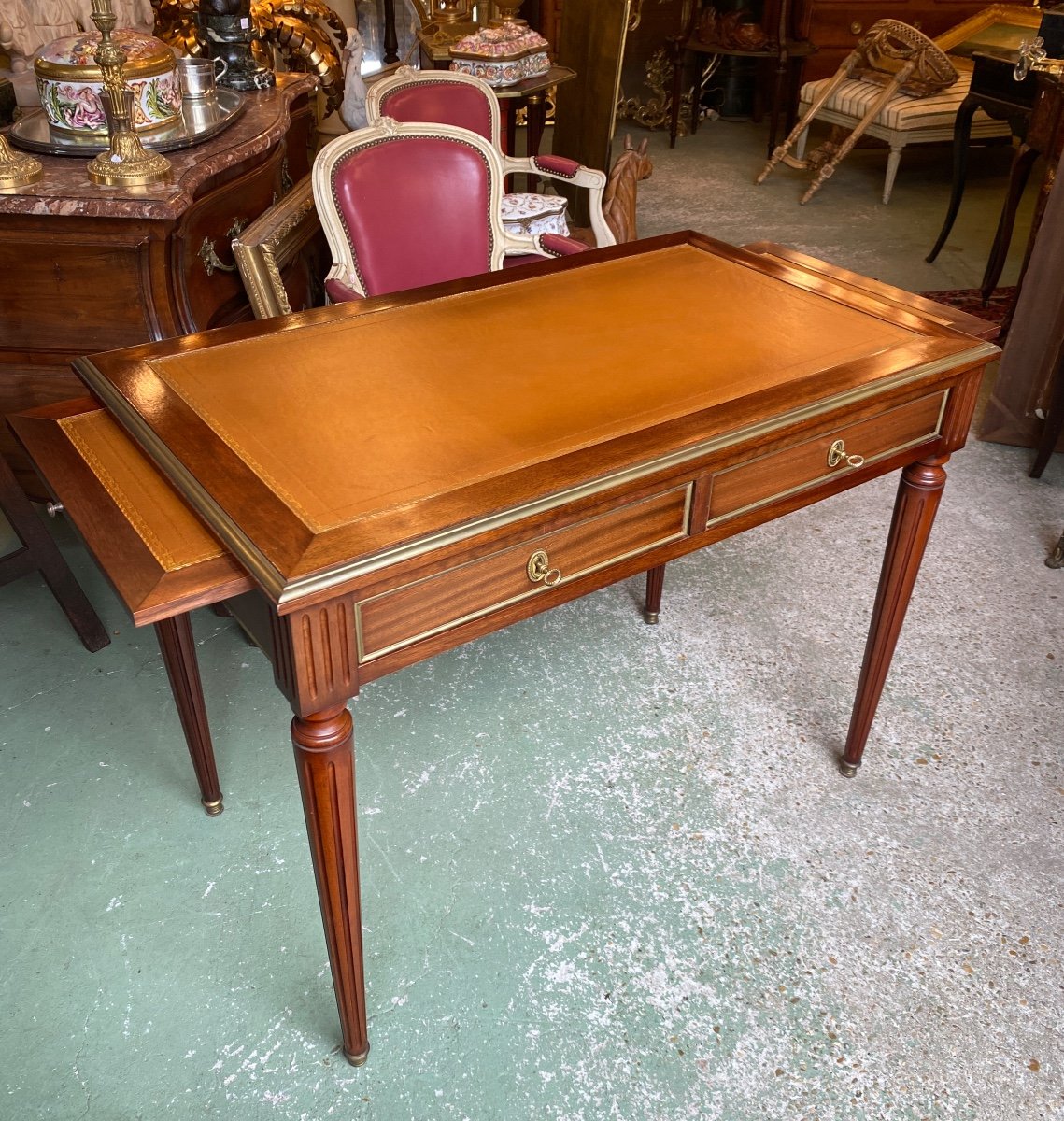 Small Louis XVI Style Mahogany Desk, Havana Leather Top 