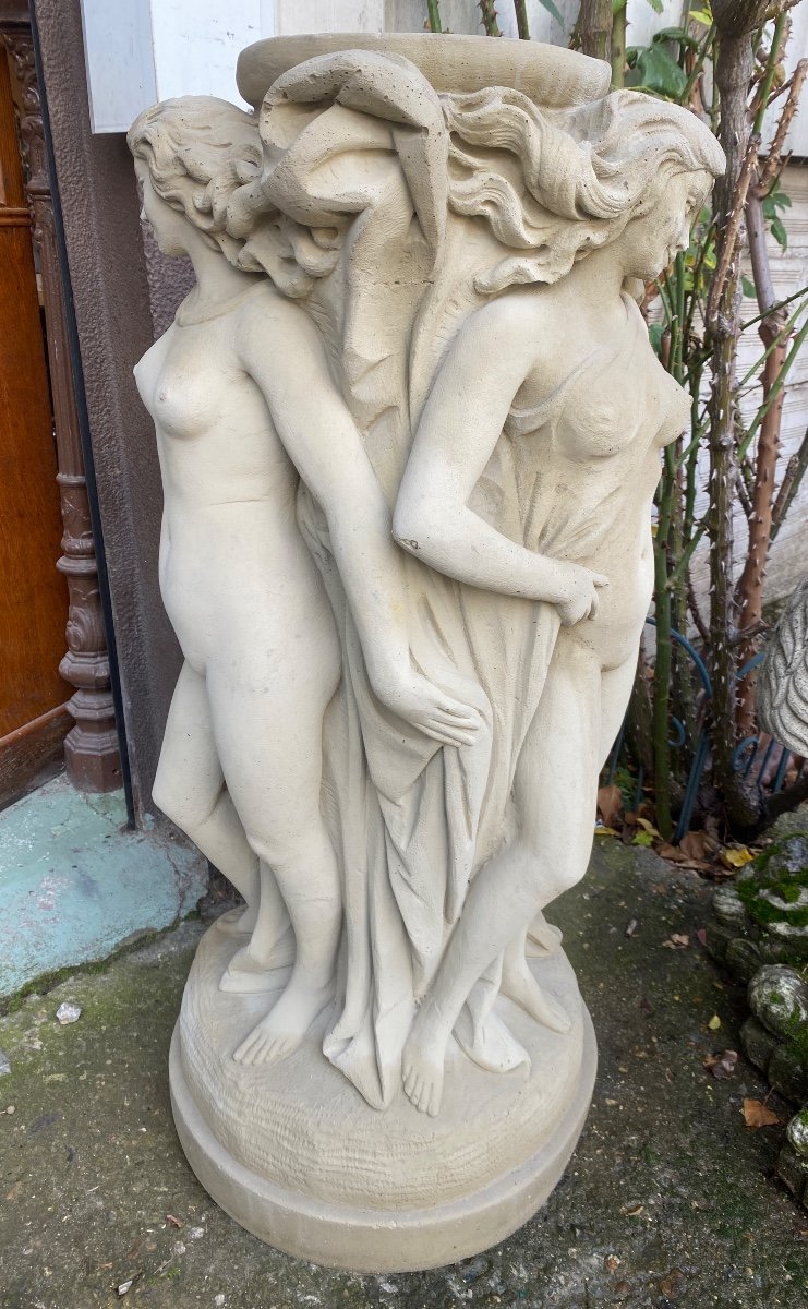 Column / Pedestal With Three Graces In Reconstituted Stone 