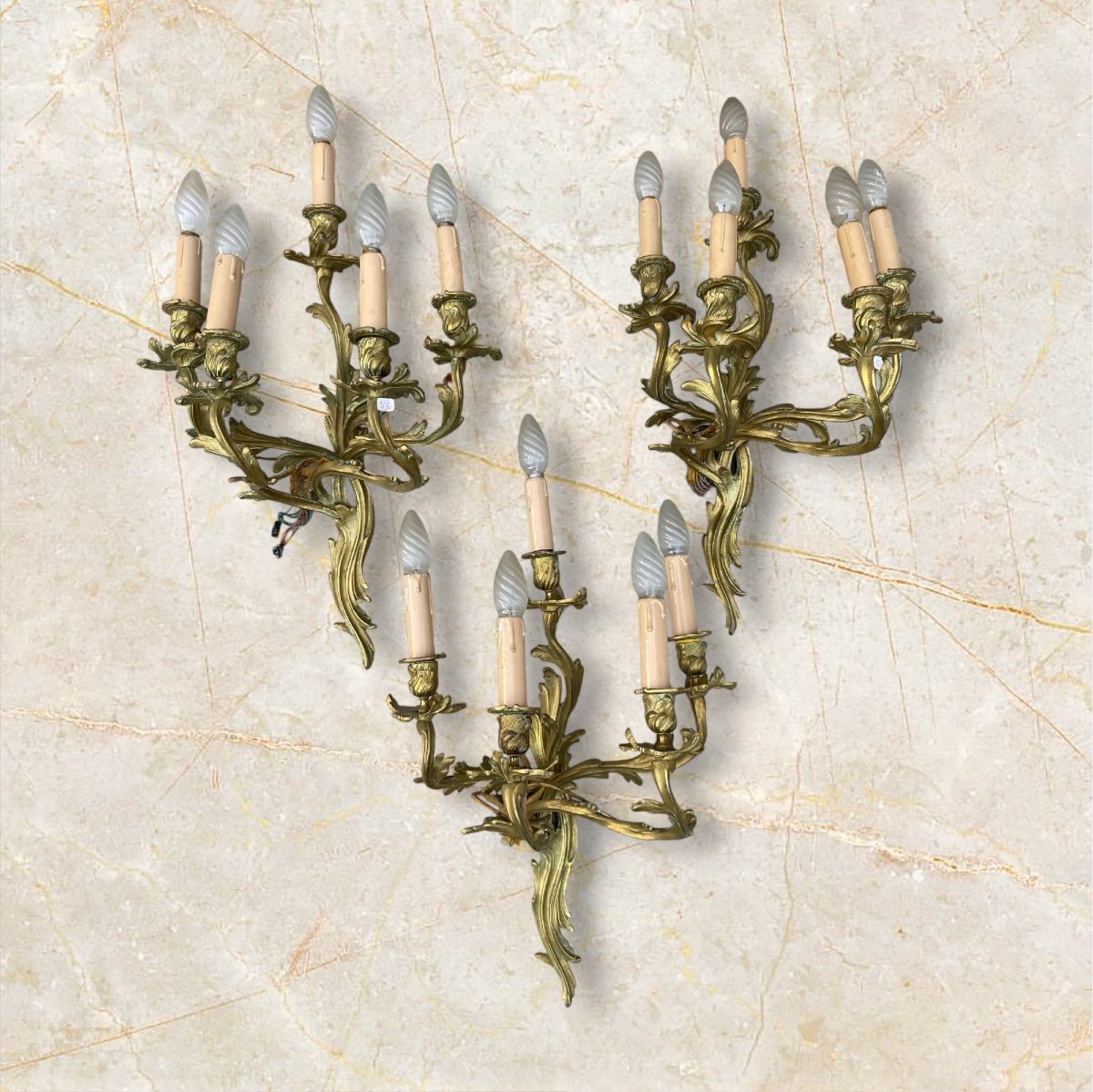 3 Large 5-light Wall Lights, Louis XV Style Bronze, Rocaille, 19th Century 