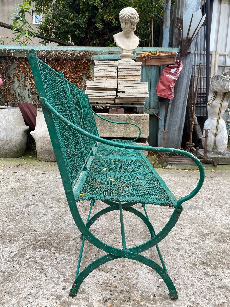 Large Banc De Jardin XIXème En Fer Forgé Et Maille Métallique Tressée -photo-3