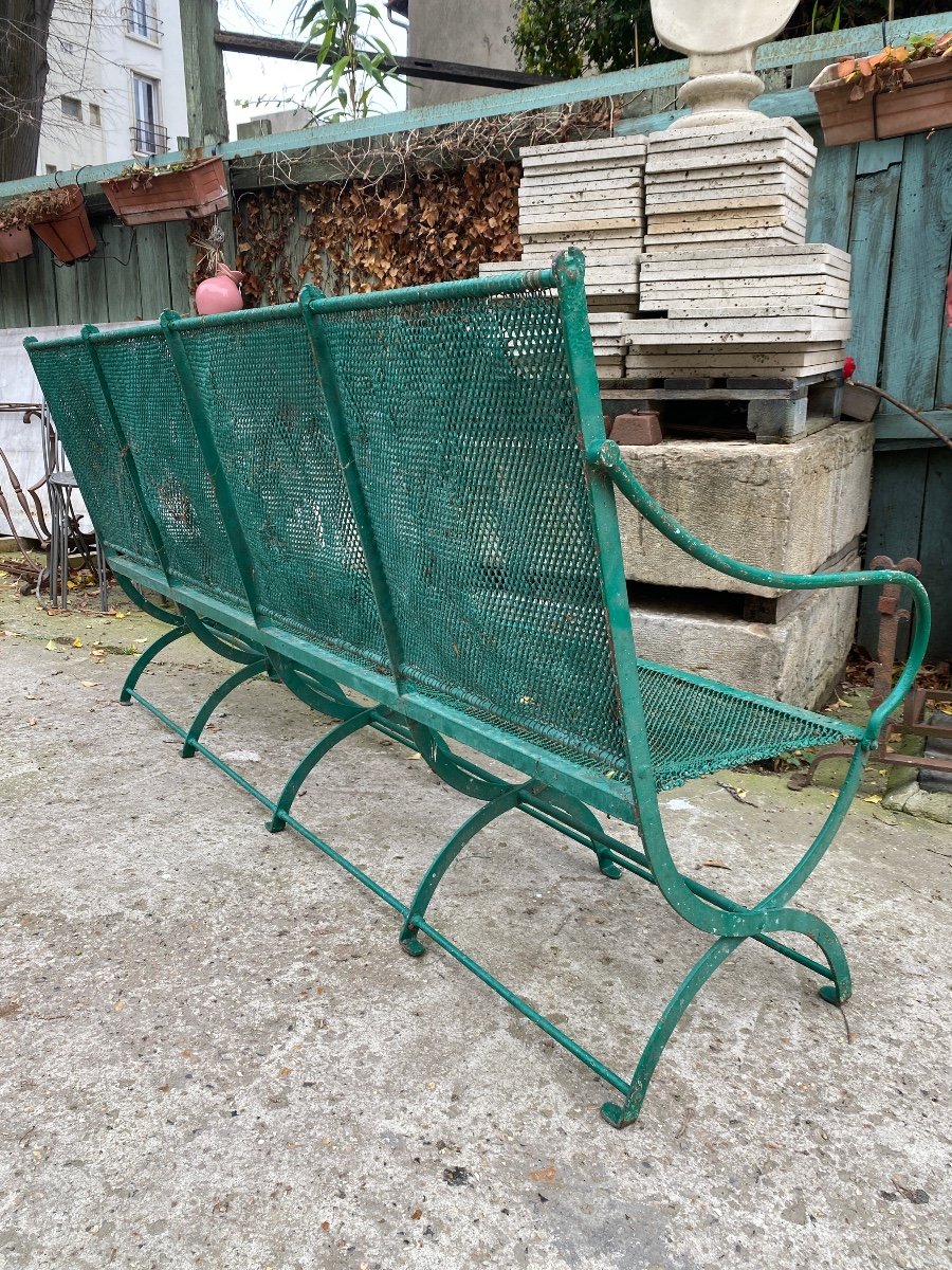 Large Banc De Jardin XIXème En Fer Forgé Et Maille Métallique Tressée -photo-4