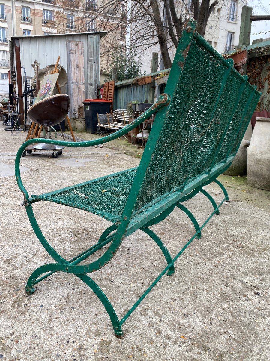 Large Banc De Jardin XIXème En Fer Forgé Et Maille Métallique Tressée -photo-1