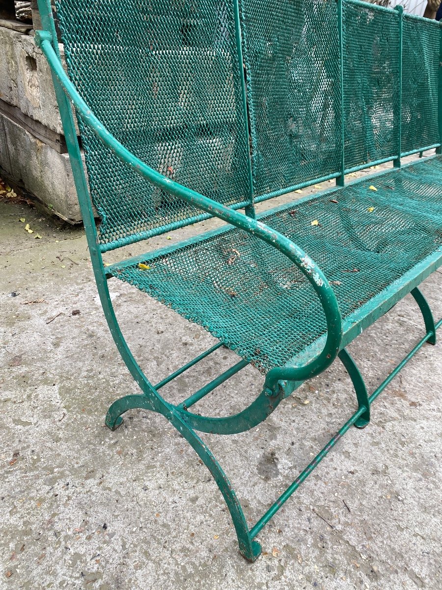 Large Banc De Jardin XIXème En Fer Forgé Et Maille Métallique Tressée -photo-6