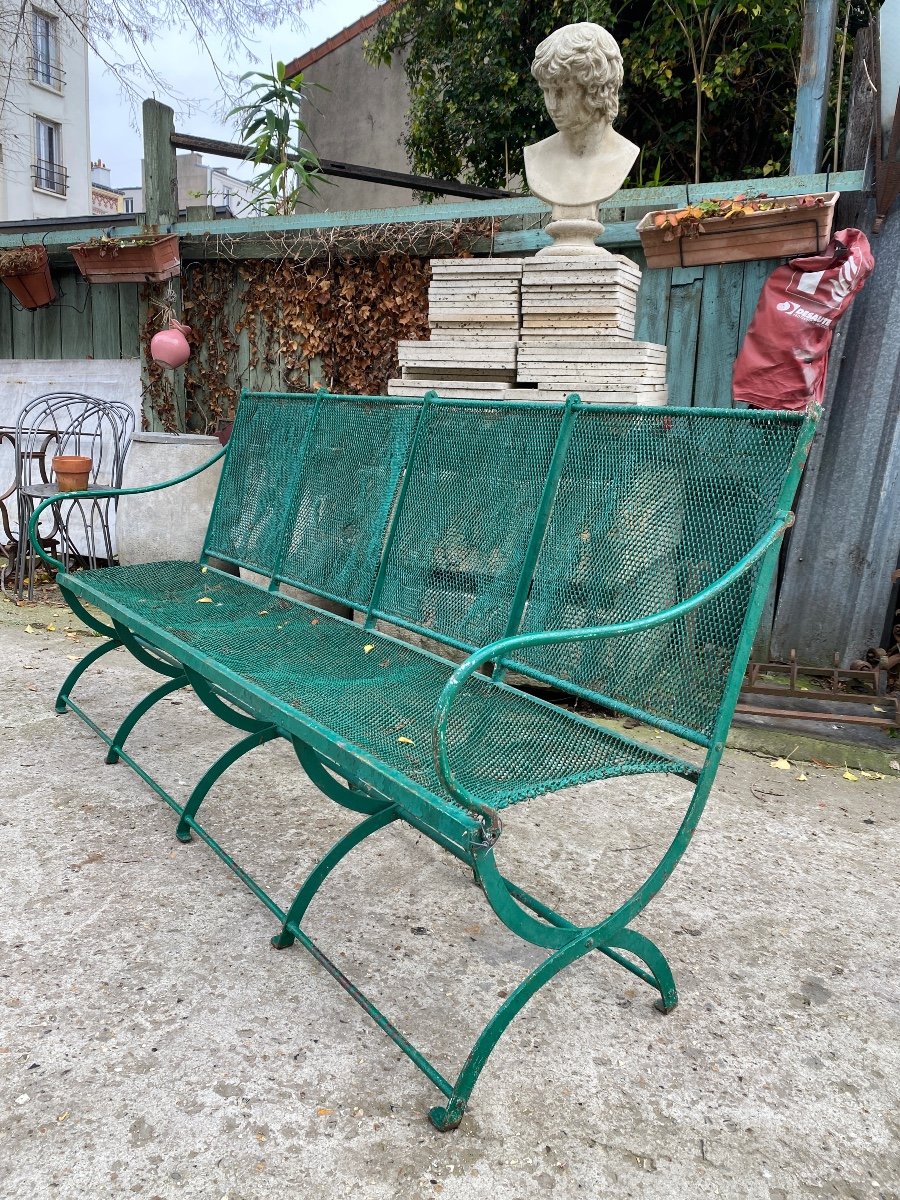 Large Banc De Jardin XIXème En Fer Forgé Et Maille Métallique Tressée 