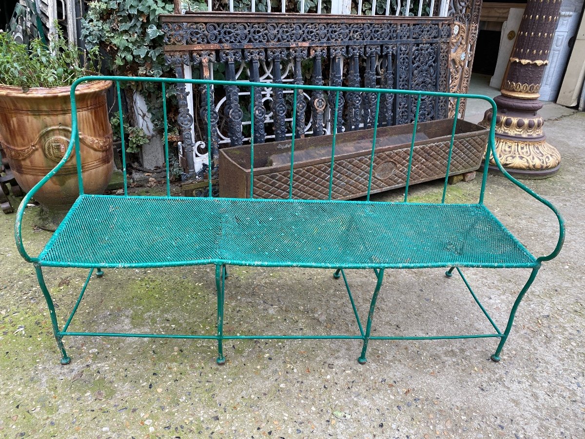 19th Century Wrought Iron Garden Bench, Iron Mesh Seat-photo-2