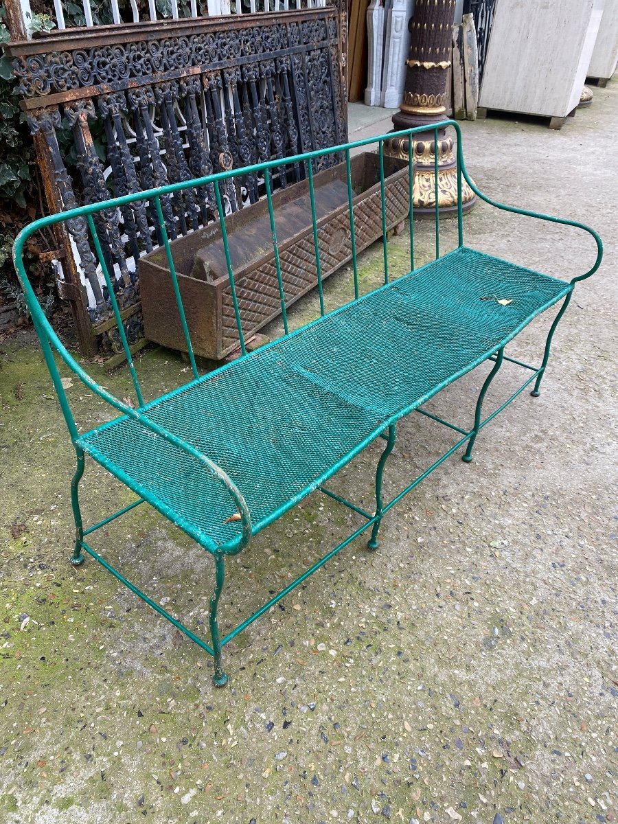 19th Century Wrought Iron Garden Bench, Iron Mesh Seat-photo-3