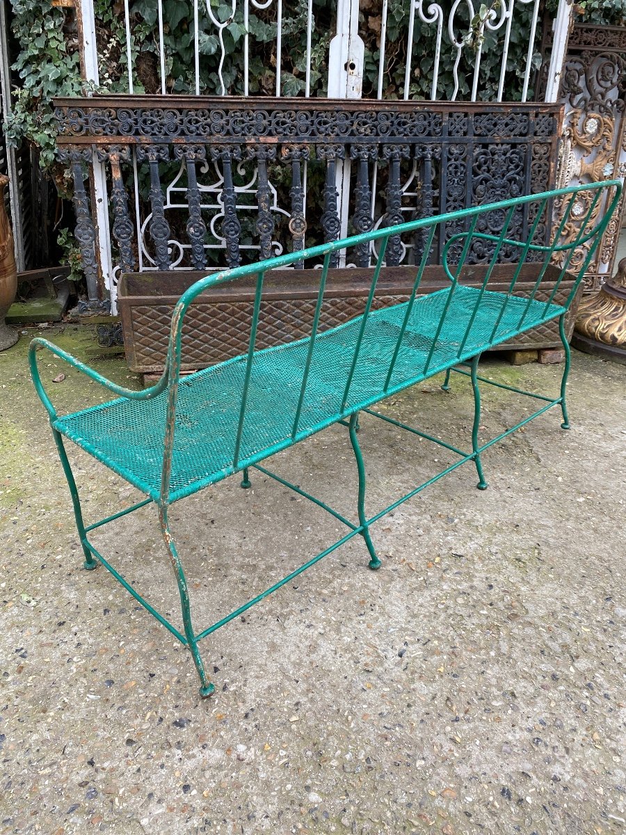 19th Century Wrought Iron Garden Bench, Iron Mesh Seat-photo-2