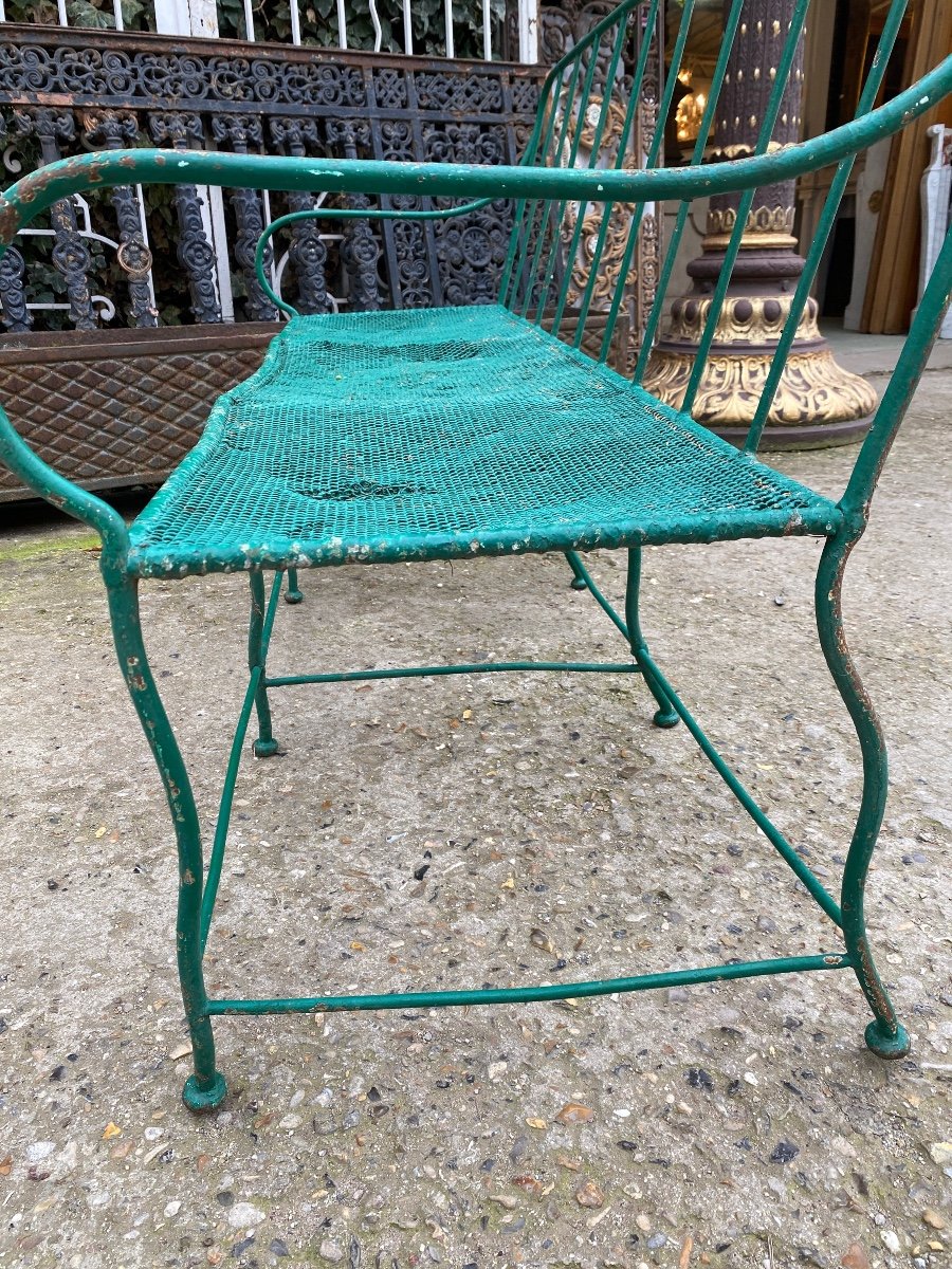 19th Century Wrought Iron Garden Bench, Iron Mesh Seat-photo-3