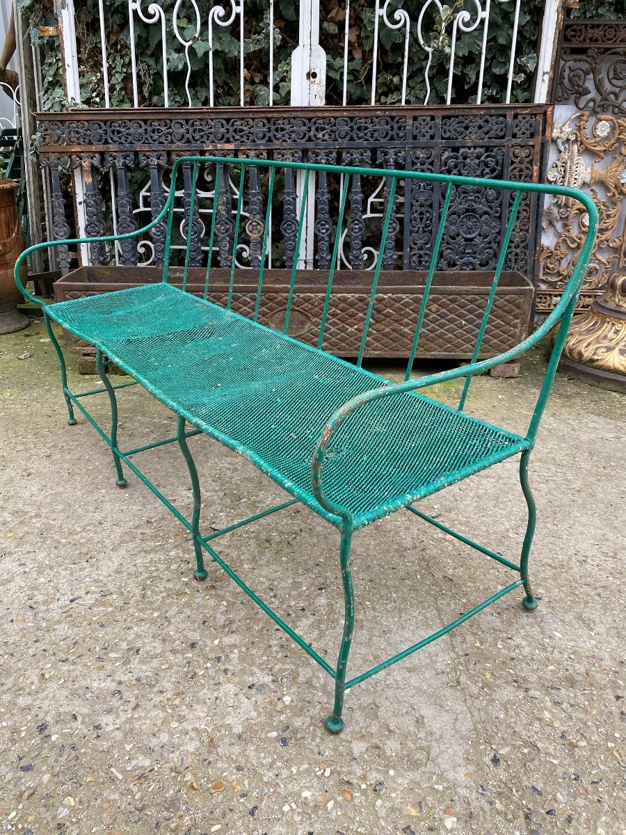 19th Century Wrought Iron Garden Bench, Iron Mesh Seat