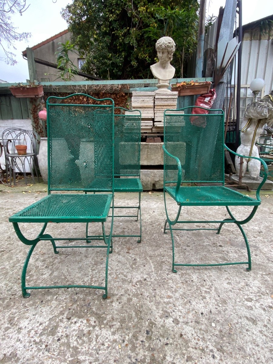 1 Fauteuil Et 2 Chaises De Jardin XIXème , En Fer Forgé, Assises Et Dossiers En Fer Tressés -photo-2