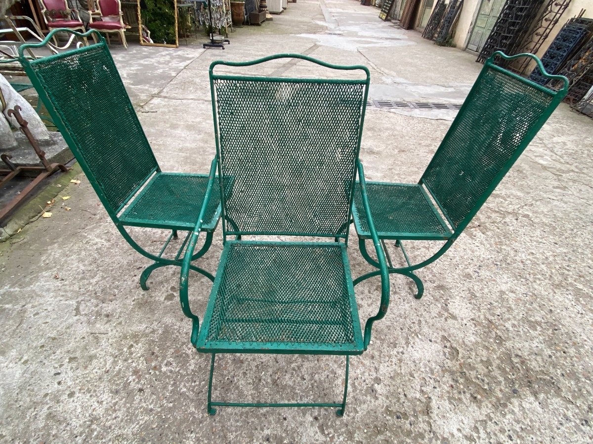 1 Fauteuil Et 2 Chaises De Jardin XIXème , En Fer Forgé, Assises Et Dossiers En Fer Tressés -photo-3