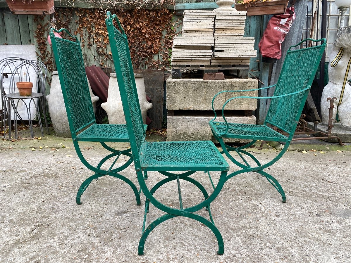 1 Fauteuil Et 2 Chaises De Jardin XIXème , En Fer Forgé, Assises Et Dossiers En Fer Tressés -photo-4